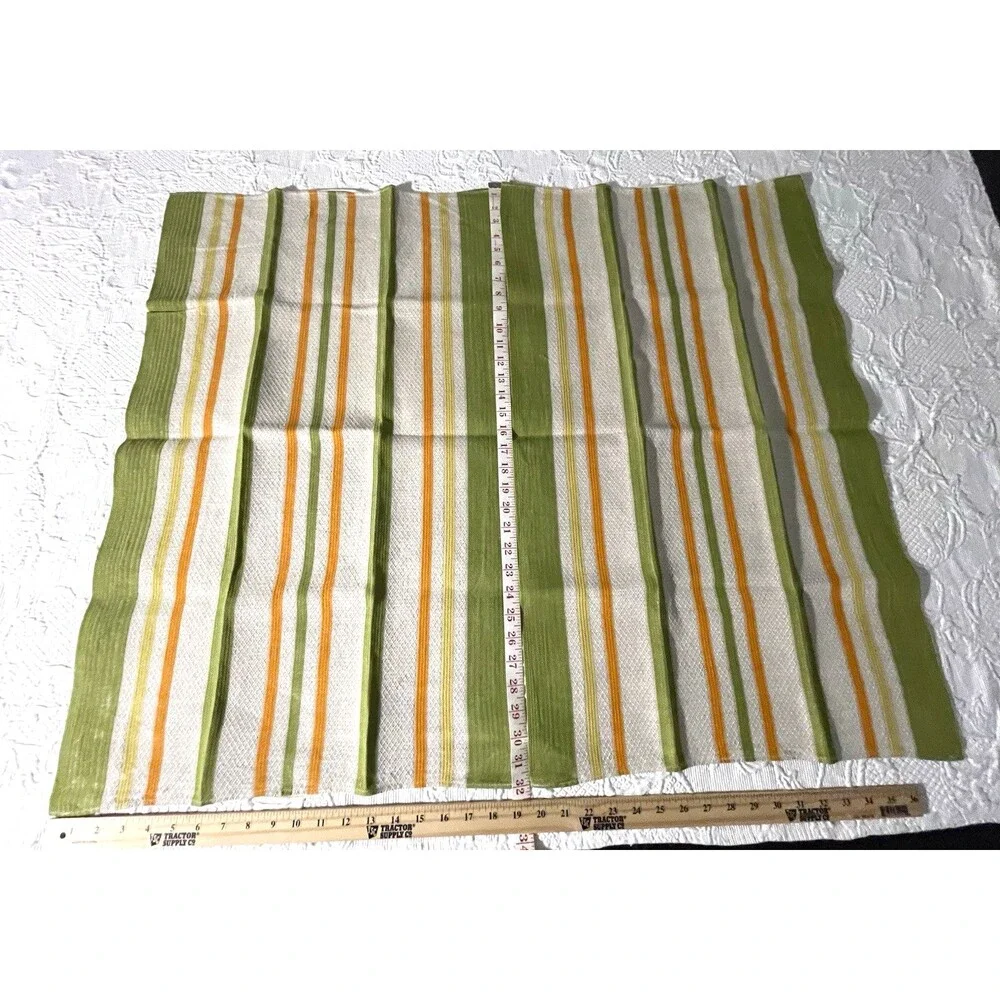 2 - Tea Towels Textured w Vertical Green Orange Stripes Hang Loops on both ends